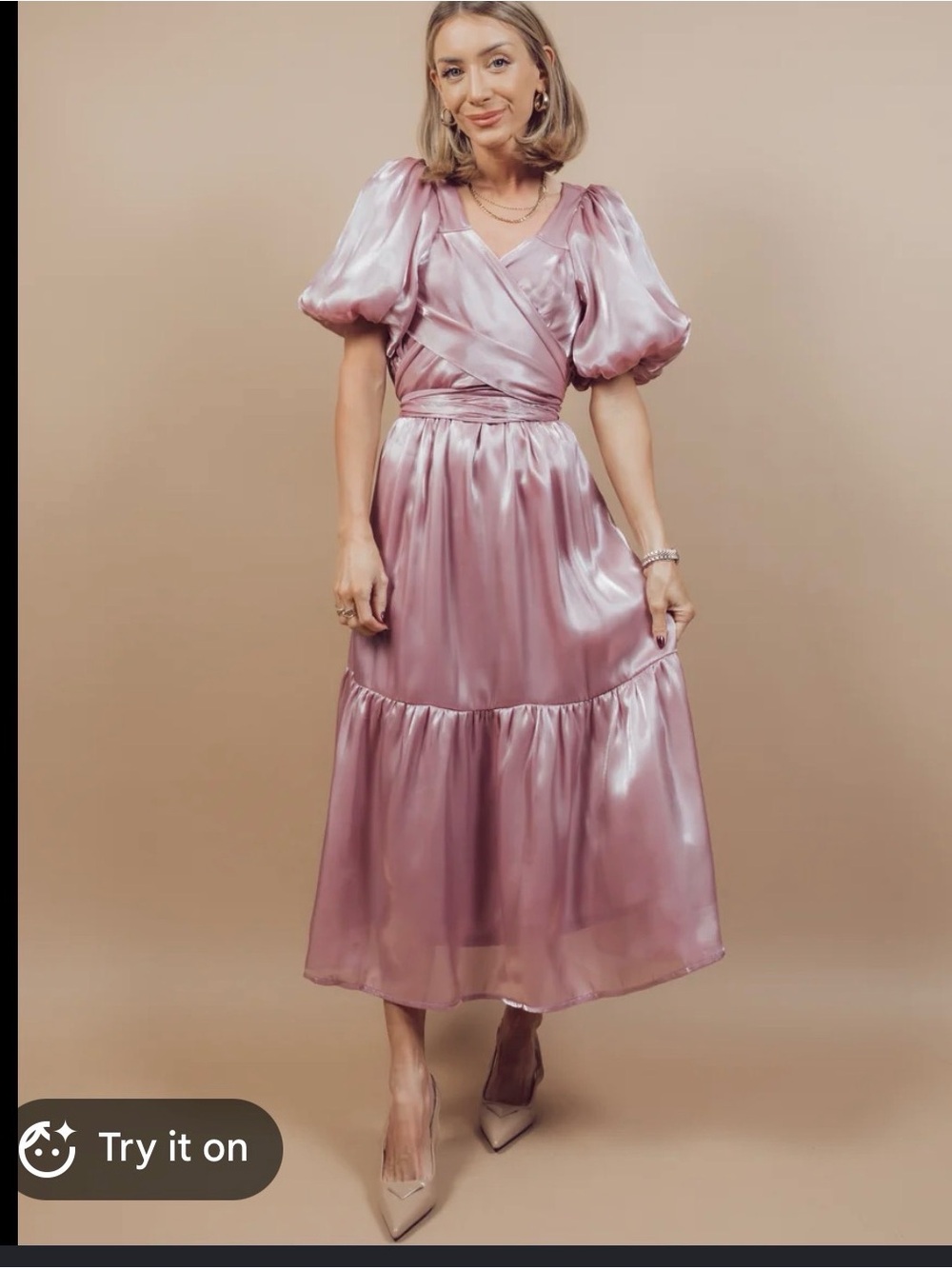 Modest Satin Puff-Sleeve Midi Dress in Mauve Shimmer Holiday Glow with Wrap Sash
